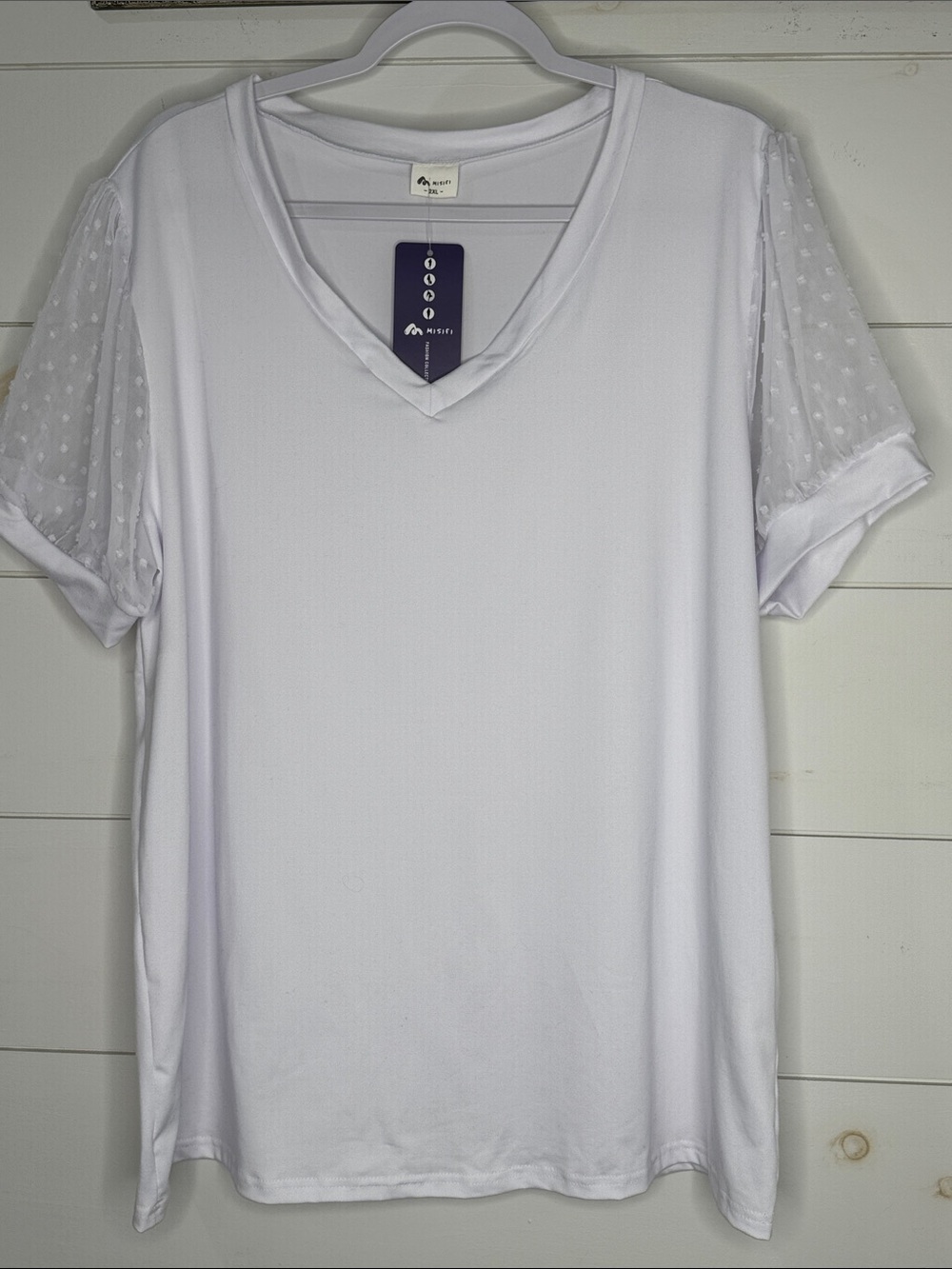 Ava & Viv White V-Neck Short Sleeve Top with Dotted Sheer Sleeves